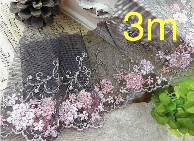 刺繍レース 黒 ブラック ピンク 花 ヴィンテージ ハンドメイド