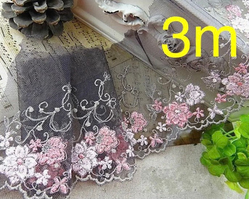 刺繍レース 黒 ブラック ピンク 花 ヴィンテージ ハンドメイド