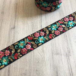 インド刺繍リボン シルク100% 花 着物 帯 ボタニカル ターコイズブルー 夏 エスニック ヴィンテージ 素材 パーツ 4枚目の画像