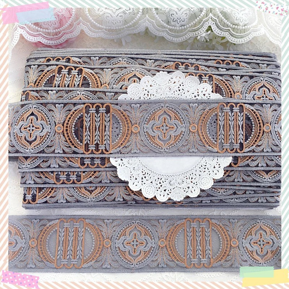 インド刺繍リボン グレー 刺繍レース アンティーク ベルト ショルダーストラップ 結婚式 ロココ エスニック レトロ 2枚目の画像