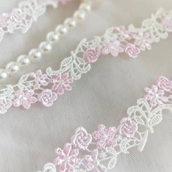 花刺繍レース クロシェ かぎ針編み ピンク 白 薔薇 素材 パーツ 刺繍テープ ケミカルレース プリンセス かわいい 2枚目の画像
