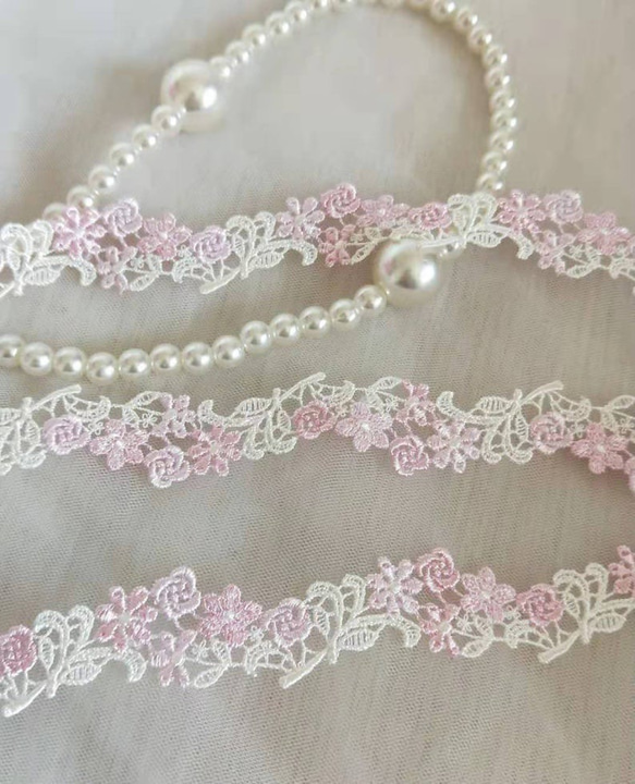 花刺繍レース クロシェ かぎ針編み ピンク 白 薔薇 素材 パーツ 刺繍テープ ケミカルレース プリンセス かわいい 4枚目の画像