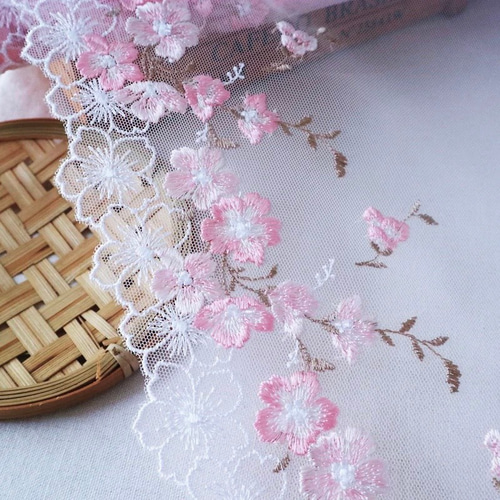 刺繍チュールレース 春 桜 ピンク 花 高級 レースマスク ドール 刺繍チュールレース 春 桜 ピンク 花 高級 レースマスク ドール