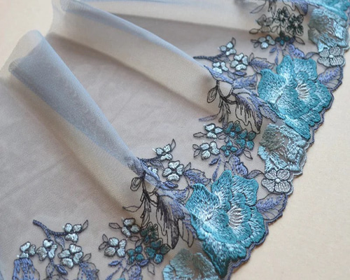 刺繍チュールレース グレー 青 手芸 パーツ 材料 刺繍布 アジアン