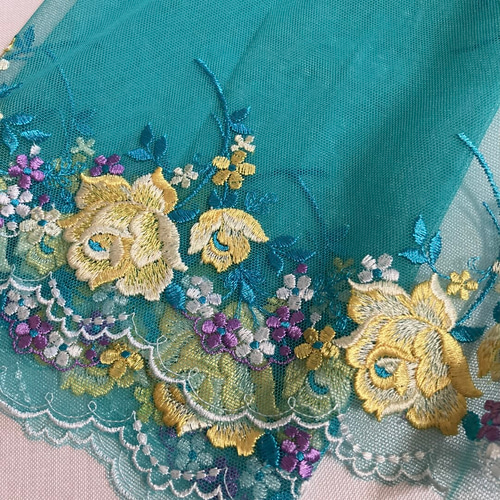 刺繍チュールレース エメラルドグリーン 薔薇 花 スカラップ ドール 