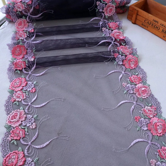 薔薇の花 刺繍チュールレース 幅広 両耳 刺繍リボン ピンク 紫 