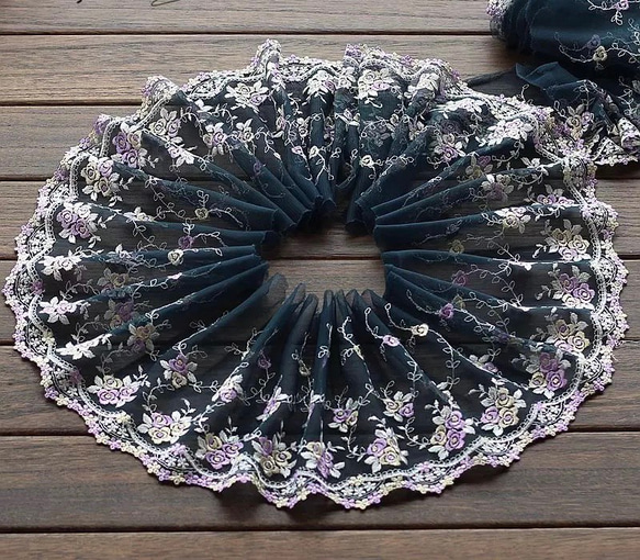ダークグリーン 黒 刺繍チュールレース 小花柄 紫 黄色 スカラップ 