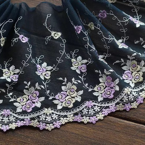 ダークグリーン 黒 刺繍チュールレース 小花柄 紫 黄色 スカラップ 