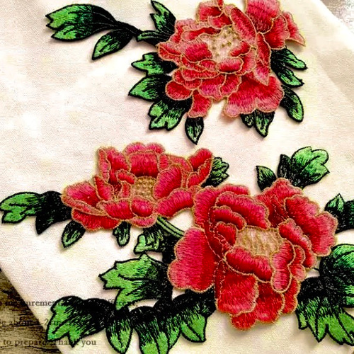 牡丹 ボタン 花 大きめ刺繍ワッペン アップリケ オレンジ 赤