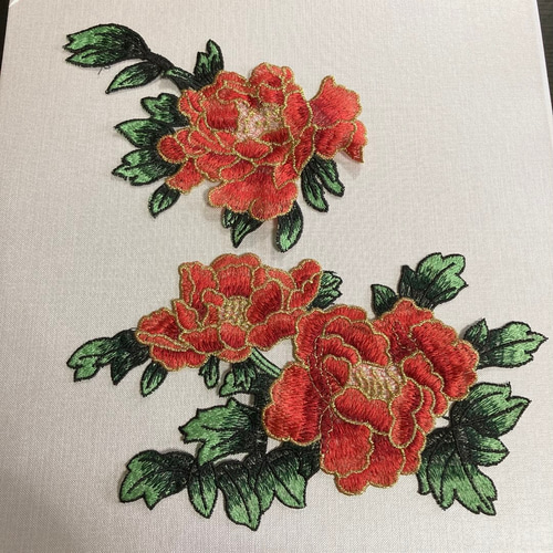 牡丹 ボタン 花 大きめ刺繍ワッペン アップリケ オレンジ 赤