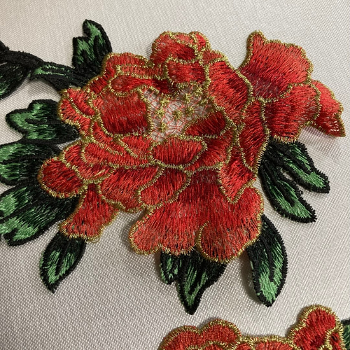 牡丹 ボタン 花 大きめ刺繍ワッペン アップリケ オレンジ 赤