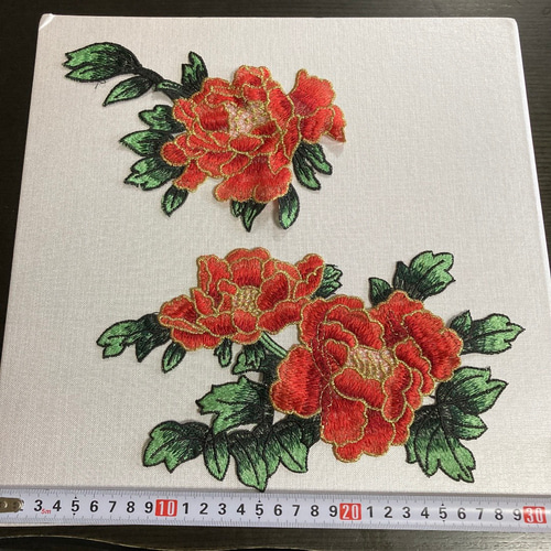 牡丹 ボタン 花 大きめ刺繍ワッペン アップリケ オレンジ 赤