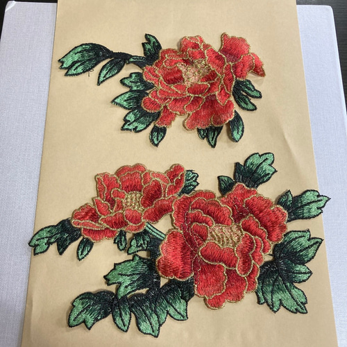 牡丹 ボタン 花 大きめ刺繍ワッペン アップリケ オレンジ 赤 和風 生地