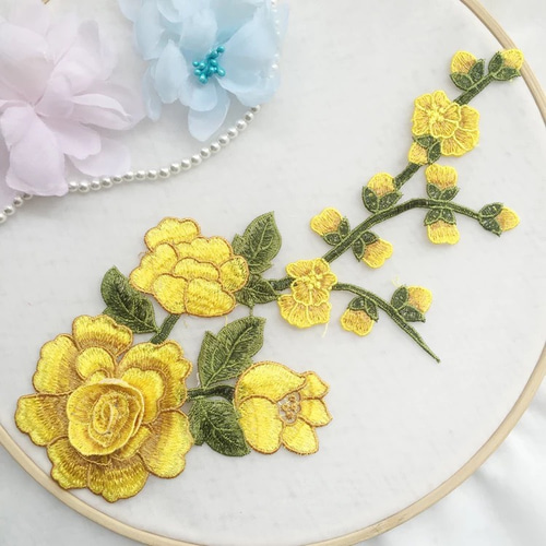 薔薇 刺繍ワッペン バラ 立体 3D 黄色 刺繍レース 素材 パーツ