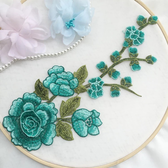 薔薇 刺繍ワッペン バラ 立体 3D 緑 グリーン 刺繍レース レトロ