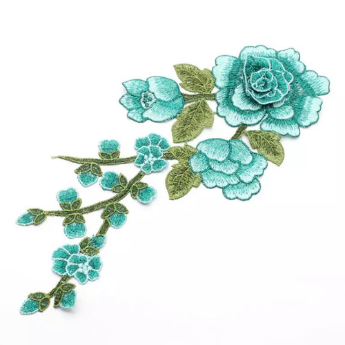 薔薇 刺繍ワッペン バラ 立体 3D 緑 グリーン 刺繍レース レトロ