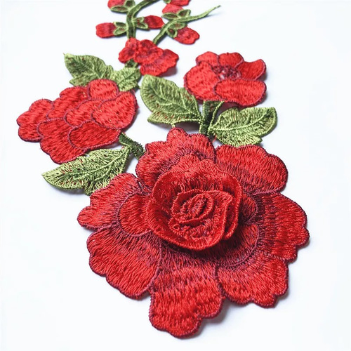 薔薇 刺繍ワッペン バラ 立体 3D レッド 赤 フラメンコ 素材