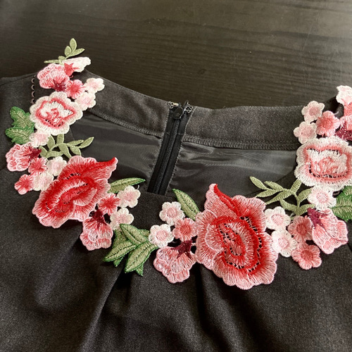 薔薇 ピンクローズ 花 レース ワッペン つけ襟 刺繍襟 ボタニカル