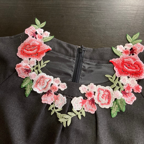 薔薇 ピンクローズ 花 レース ワッペン つけ襟 刺繍襟 ボタニカル