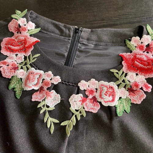 薔薇 ピンクローズ 花 レース ワッペン つけ襟 刺繍襟 ボタニカル