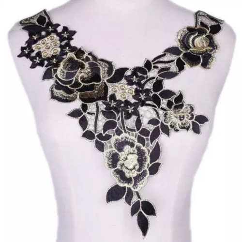 刺繍レース つけ襟 金 黒 ゴールド パーティードレス 花 結婚式 手芸