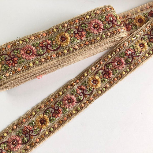 インド刺繍リボン ひまわり 手芸 チュールレース 素材 ベルト 