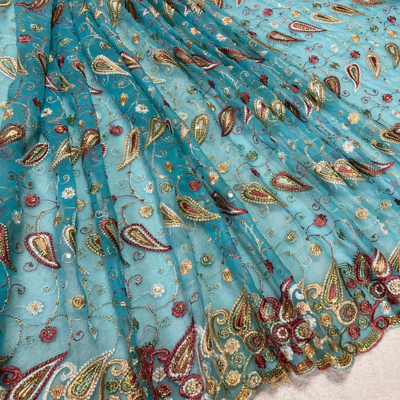 インド刺繍布 水色 エスニック アジアン レースカーテン ヴィンテージ