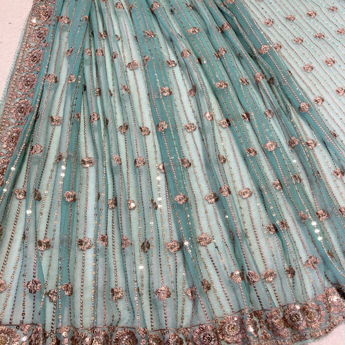 インド刺繍生地 水色 刺繍レース 花 レースカーテン ダンス衣装