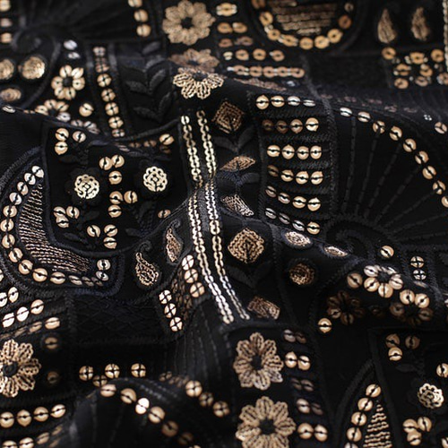 インド刺繍布 黒 金 ゴールド スパンコール 花 アジアン