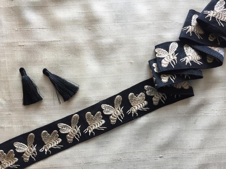 レースブルー黒ヴィンテージリボンチロリアンテープイヤリング紺