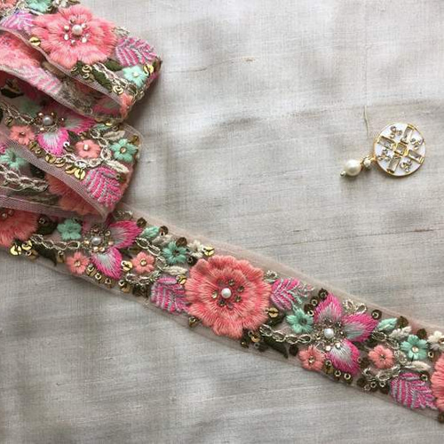 インド刺繍リボン ヴィンテージ アンティーク 花 テープ 手芸 パール  