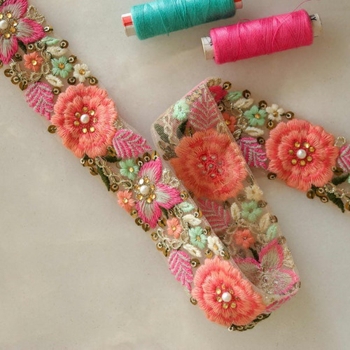 インド刺繍リボン ヴィンテージ アンティーク 花 テープ 手芸 パール  