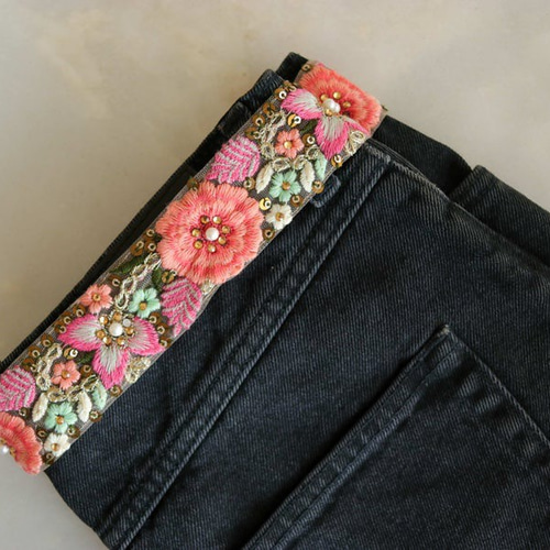 インド刺繍リボン ヴィンテージ アンティーク 花 テープ 手芸 パール  