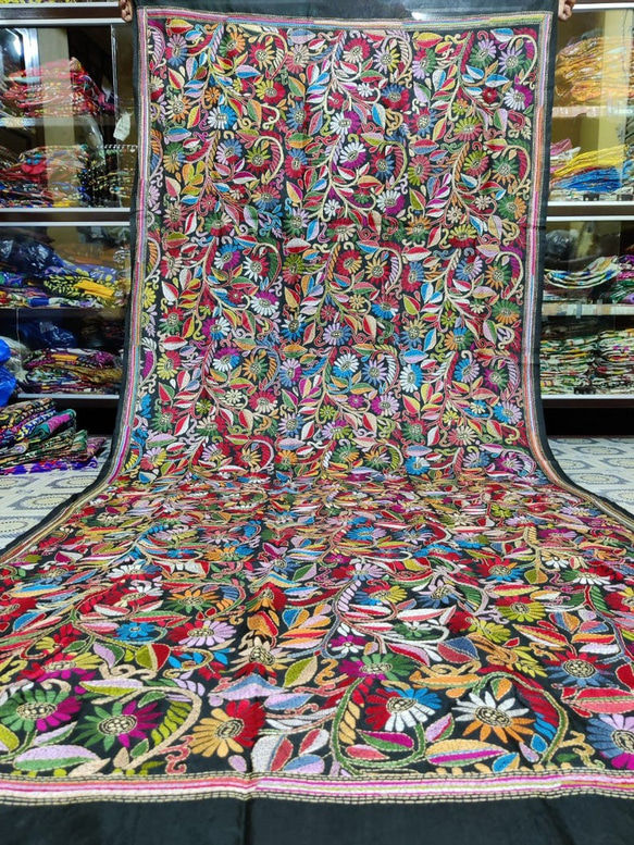インド手刺繍ストール 最高級 大判 布 生地 絹 花 ドゥパタ