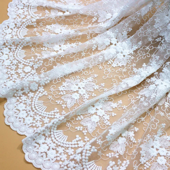 刺繍レース 白 花 幅広 両山 結婚式 刺繍布 素材 カフェカーテン 手芸 生地 テーブルクロス 綿 チュールレース 3枚目の画像