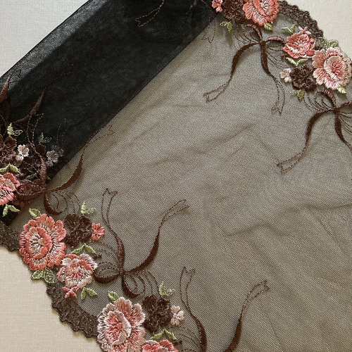 黒 ブラック 刺繍チュールレース 薔薇 ピンク 刺繍リボン 手芸