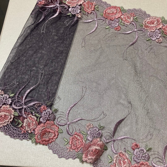 薔薇の花 刺繍チュールレース 幅広 両耳 刺繍リボン ピンク 紫 ブライス 服 アンティークローズ ランジェリーレース 5枚目の画像