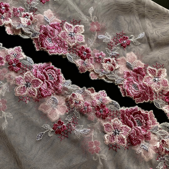 刺繍チュールレース ピンク 紫色 幅広 薔薇 ローズ プリンセス 刺繍布 