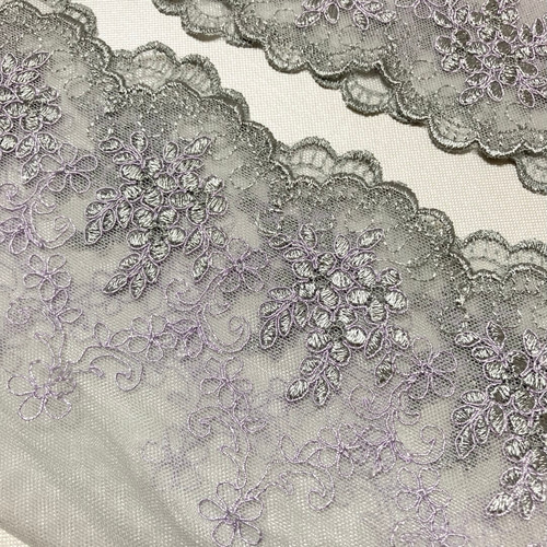 刺繍レース グレー 花 紫 両山 両耳 幅広 布 レースマスク ドール 