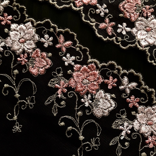 刺繍レース 黒 ブラック ピンク 花 ヴィンテージ ハンドメイド