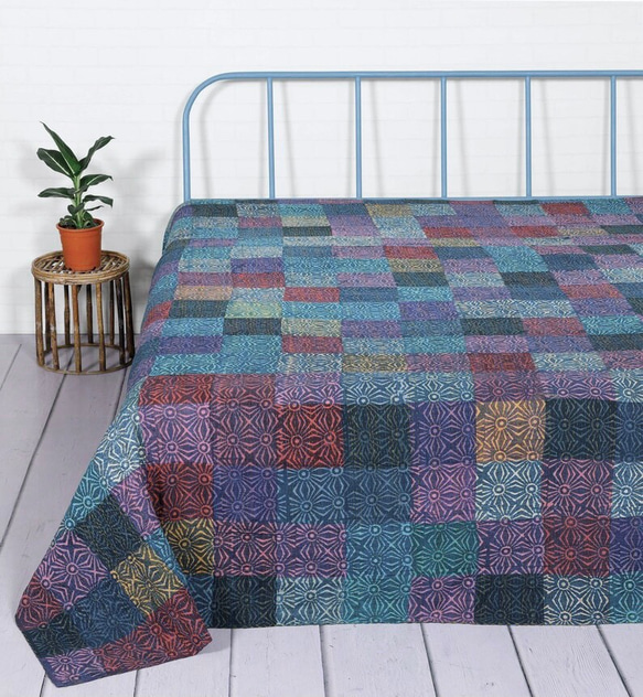 インド手刺繍ベッドカバー パッチワーク ラリーキルト 布 カンタ