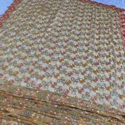 インド刺繍布 ドゥパタ チュールレース 結婚式 ひまわり オレンジ クリーム色 衣装 ドレス エスニック ボタニカル 7枚目の画像