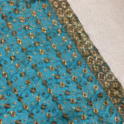 インド刺繍レース アジアン生地 ヴィンテージ レトロ 布 水色 ゴールド 金色 マリン 海 衣装 ダンス 花 エスニック 6枚目の画像