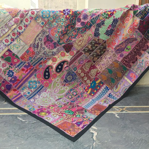 インド刺繍ラグ カラフル パッチワーク キルト エスニック 花柄