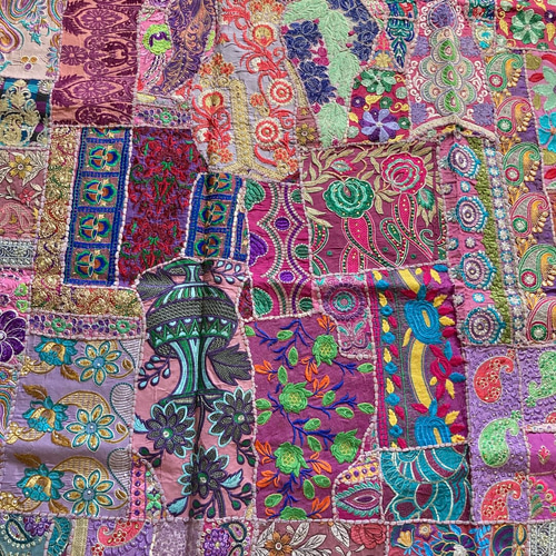 インド刺繍ラグ カラフル パッチワーク キルト エスニック 花柄