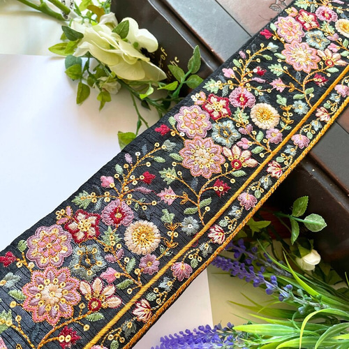 インド刺繍リボン シルク100% 黒 和柄 着物帯 花柄 エスニック