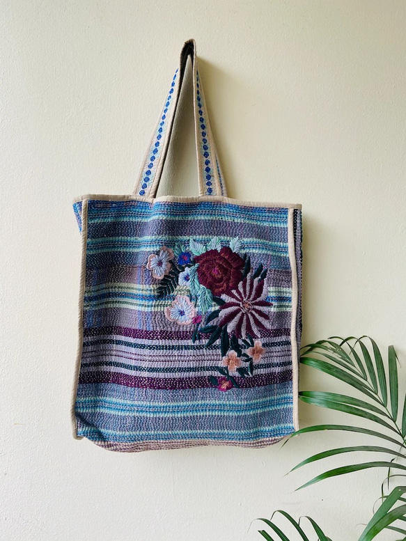 インド手刺繍 刺し子 ラリーキルト バッグ花 ヴィンテージ アジアン  