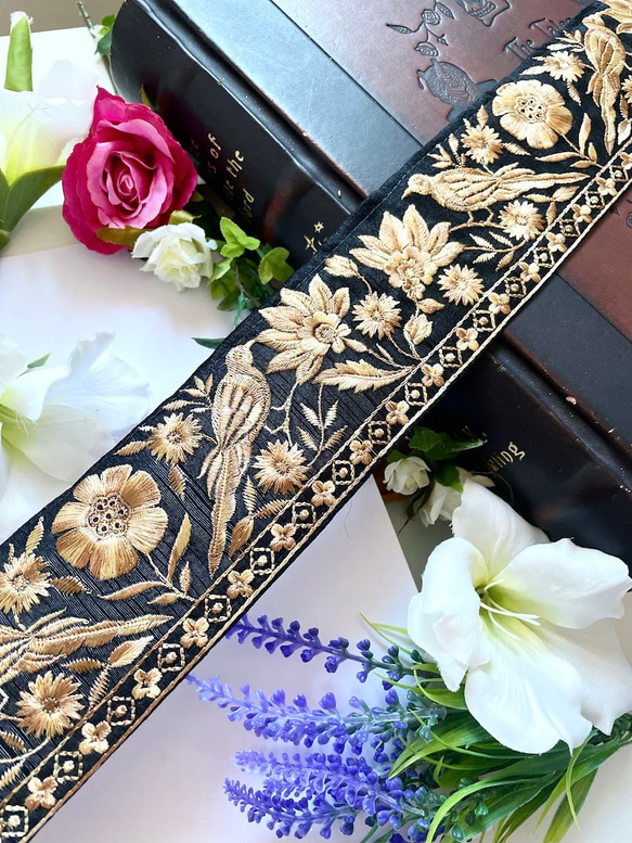 インド刺繍リボン シルク100% 鳥 花 インコ 手芸テープ アジアン  