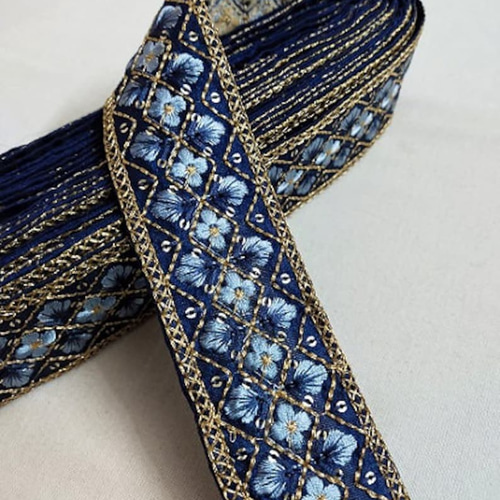 インド刺繍リボン 紺色 青 シルク チロリアンテープ ベルト デニム 花