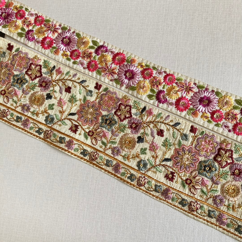 インド刺繍リボンセット シルク100% 刺繍ポーチ 刺繍布 手芸テープ 花  